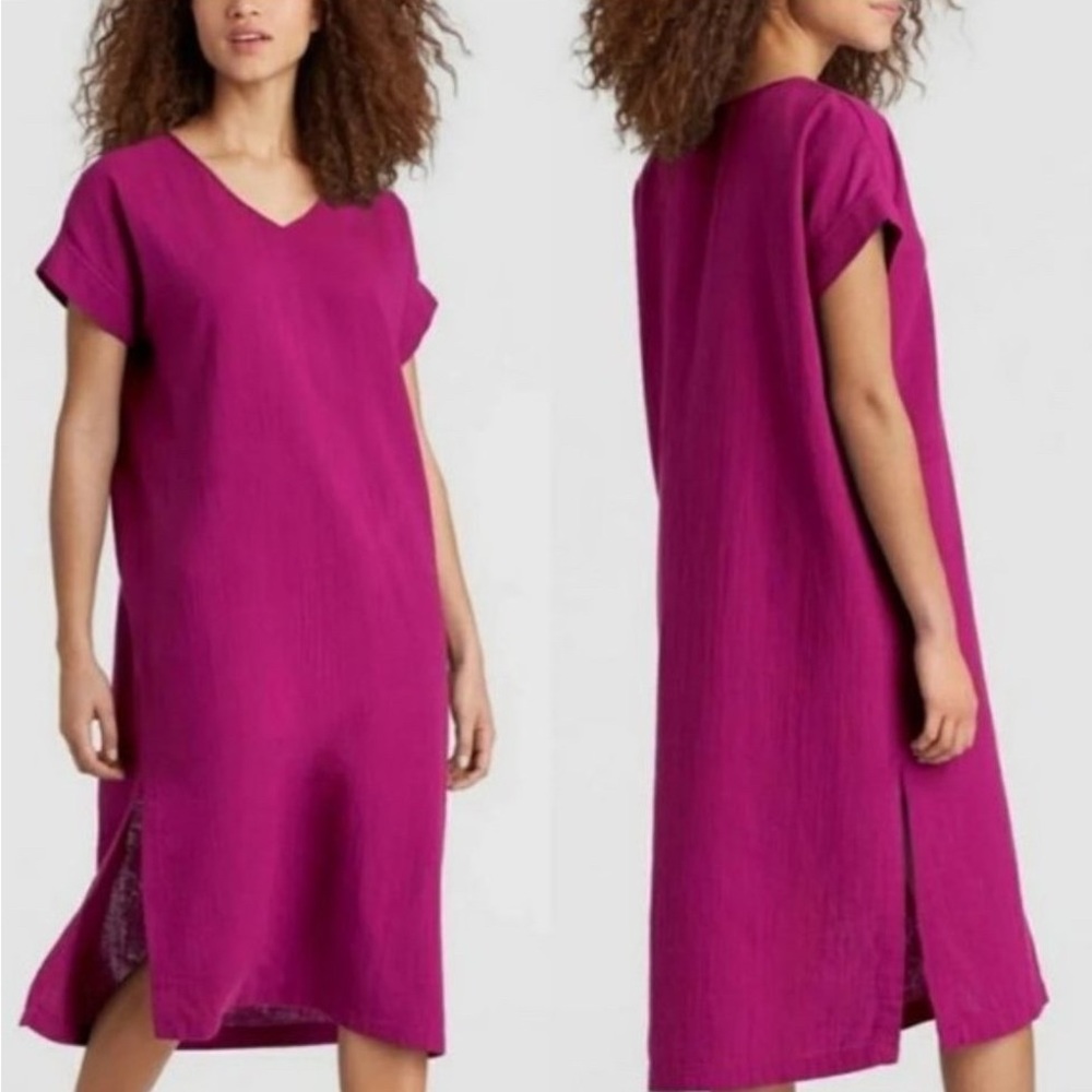 Eileen Fisher Cerise Pink Cotton Gauze V-Neck Short Sleeve Midi Dress 3X
